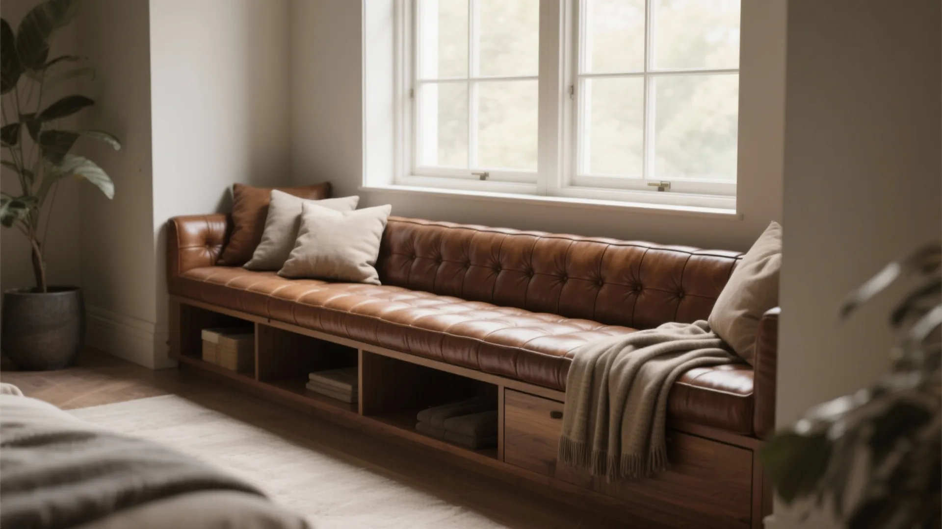 Brown leather bench with storage drawers under a large window with pillows and a blanket