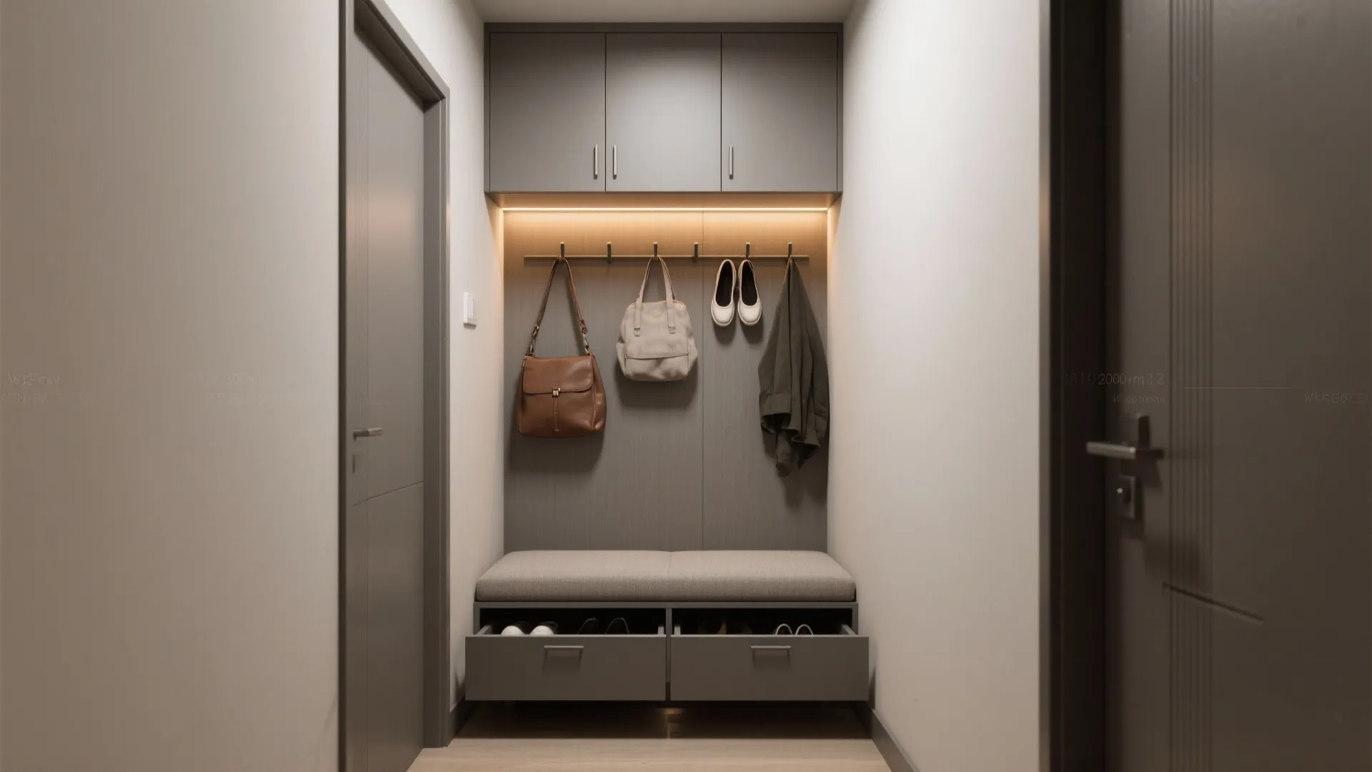 Hidden bench + cabinet combo for entry routines