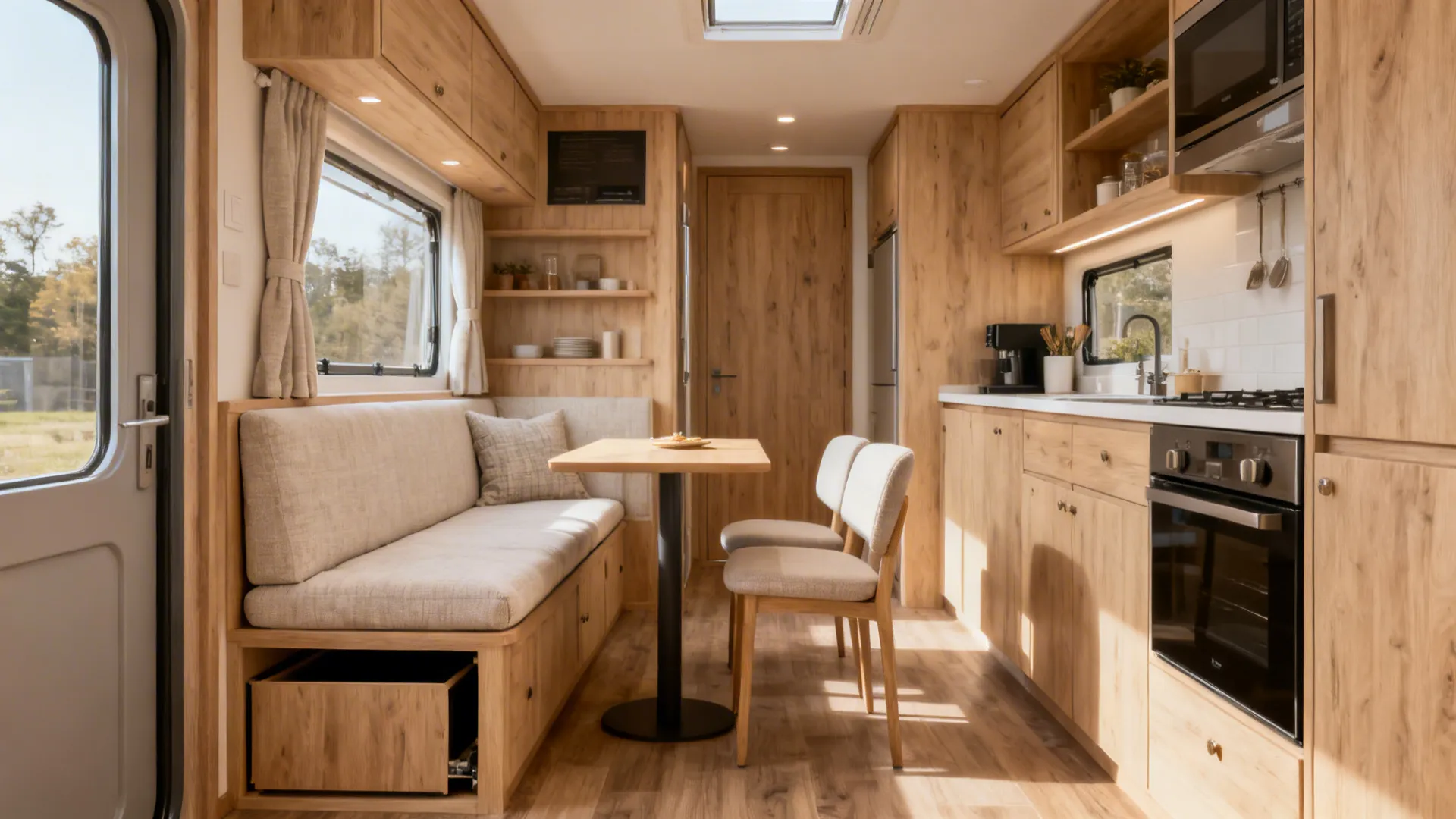 Tiny kitchen with a built-in bench and a slightly off-center dining table saving aisle space.