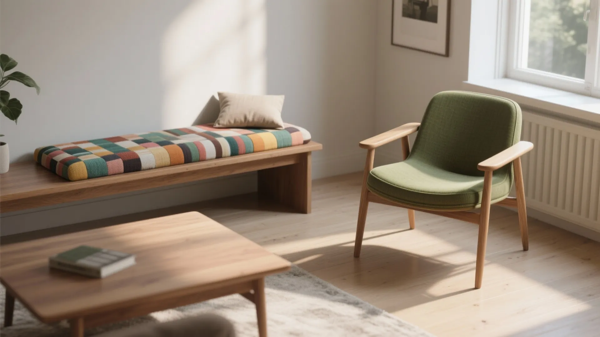 Green chair and colorful patterned bench in a bright living room with a wood table