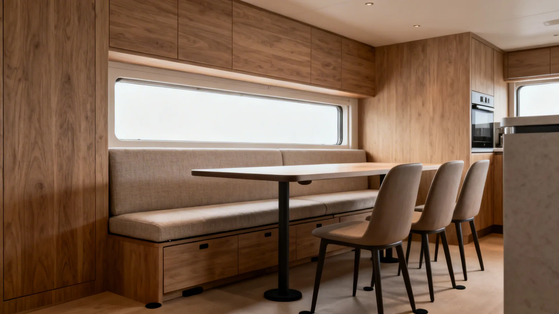 Bench and chair mix seats six around a slim table in a narrow kitchen.