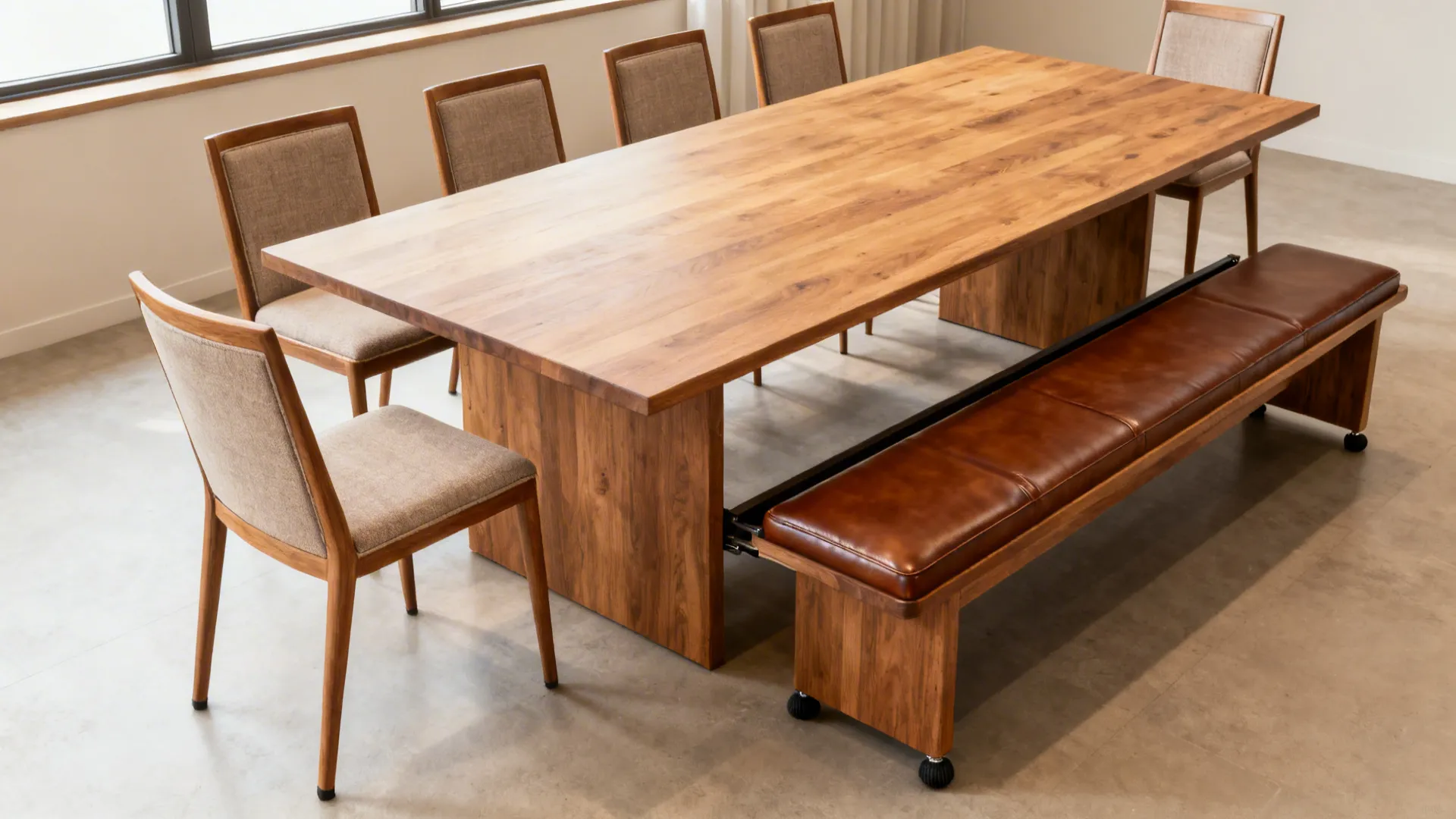 Dining table for ten with a backless bench on one side and armless chairs elsewhere, showing flexible seating.