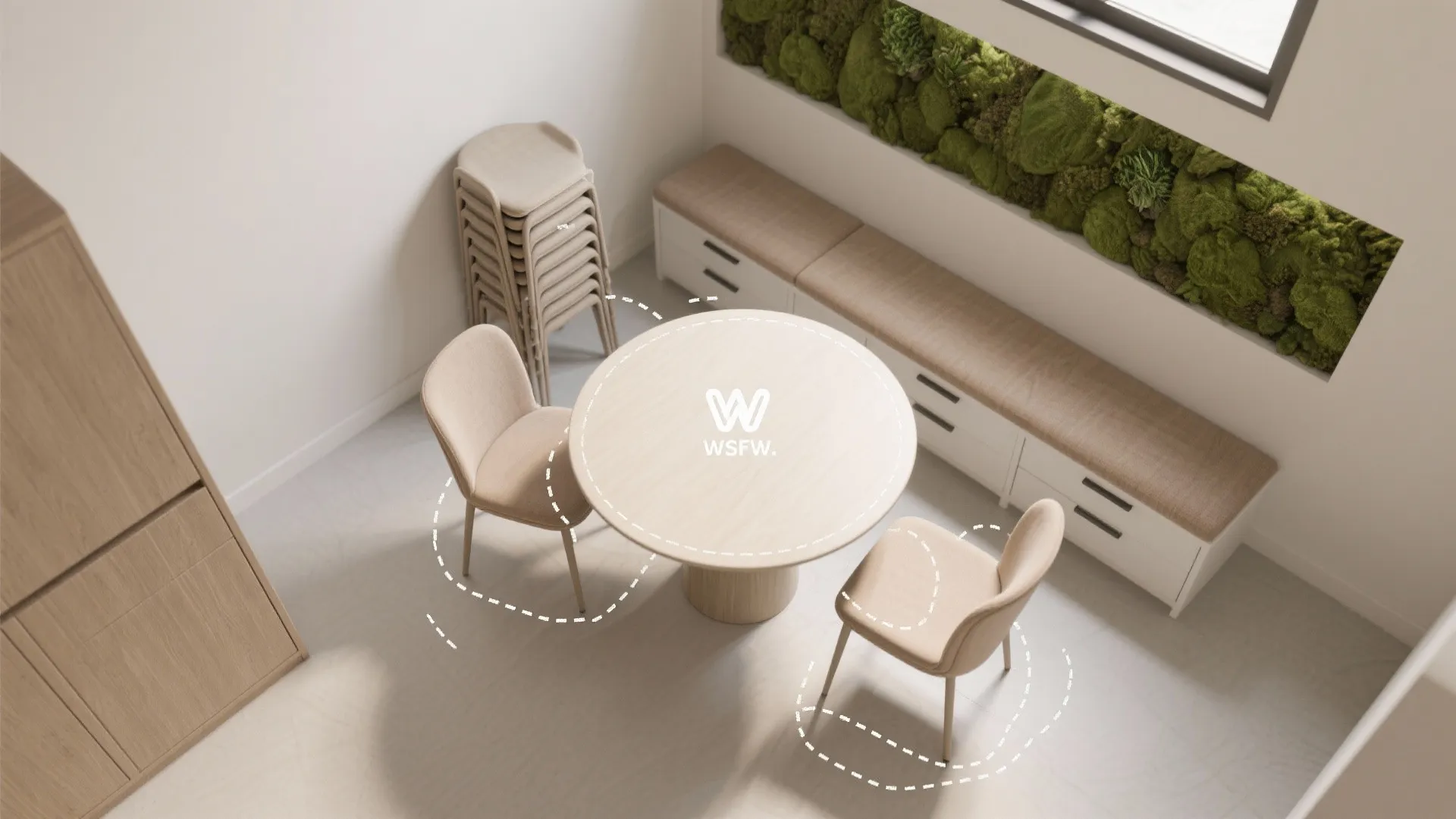 Top-down plan of bench seating on one side and two chairs opposite with space to pull back.