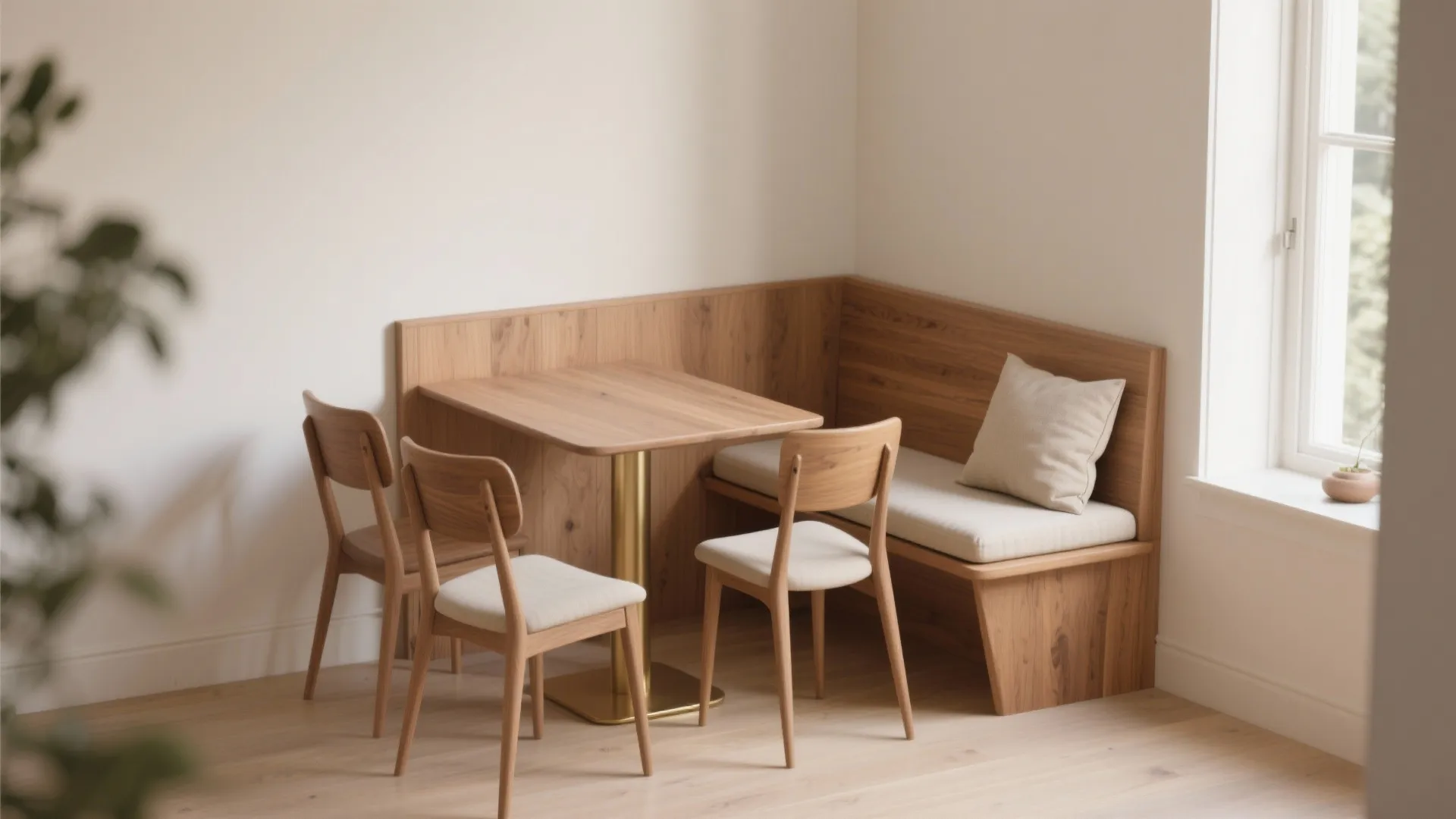 Small wooden dining table with a corner bench and two chairs in a bright room
