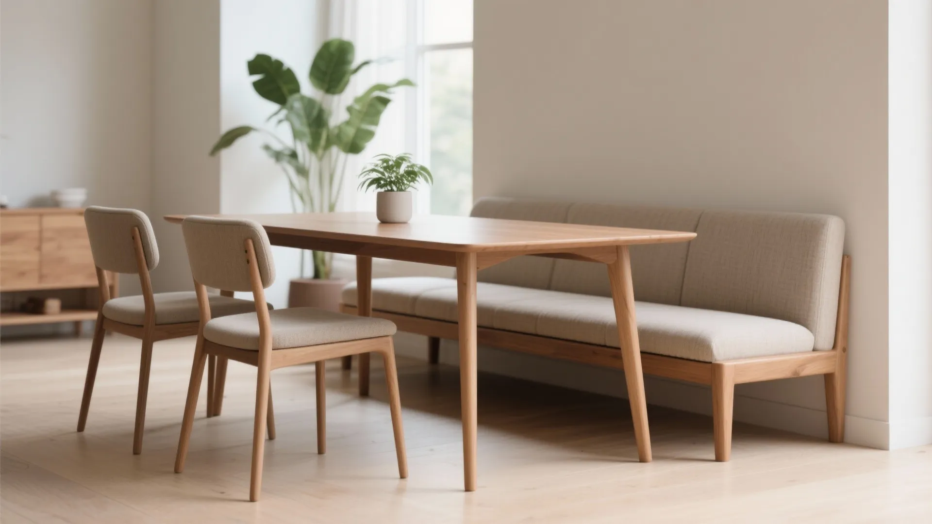 Modern dining room with wooden table two padded chairs long bench green plants and natural lighting