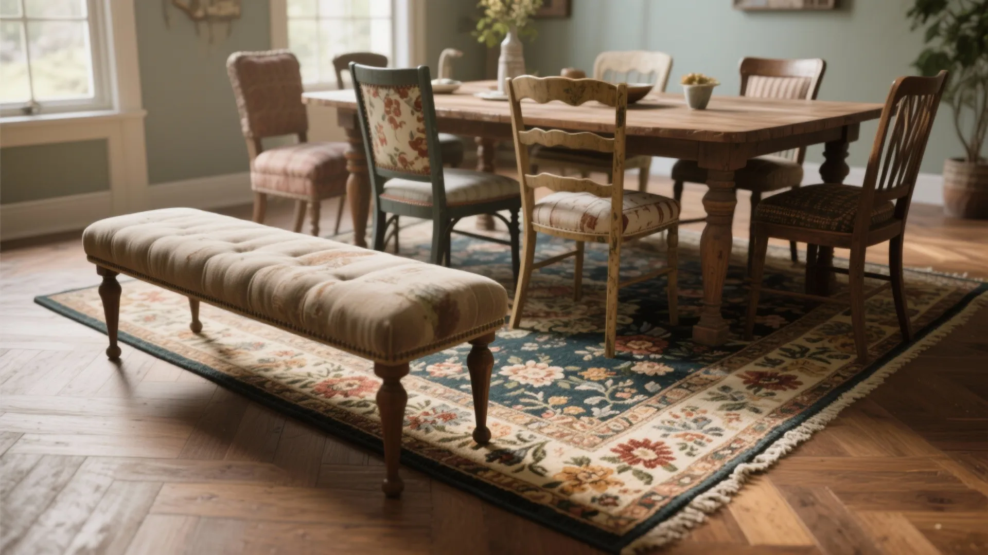 4. Pair it with mixed seating — bench + chairs