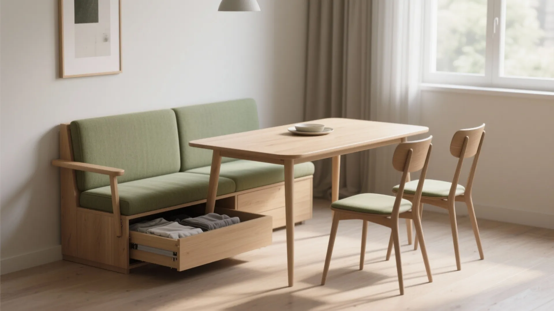 Bench sliding under a dining table with hidden storage and slim chairs in a small dining area.