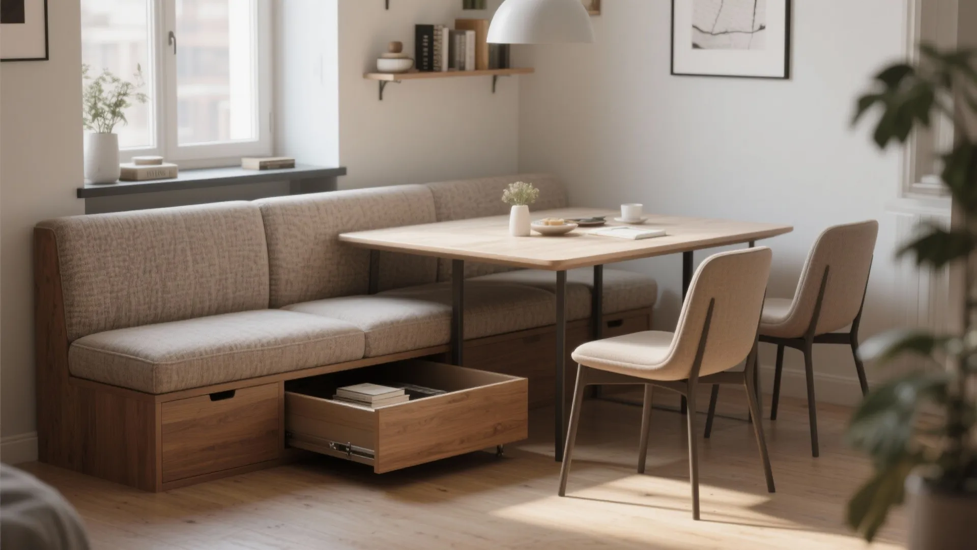 4. Bench on one side plus compact chairs