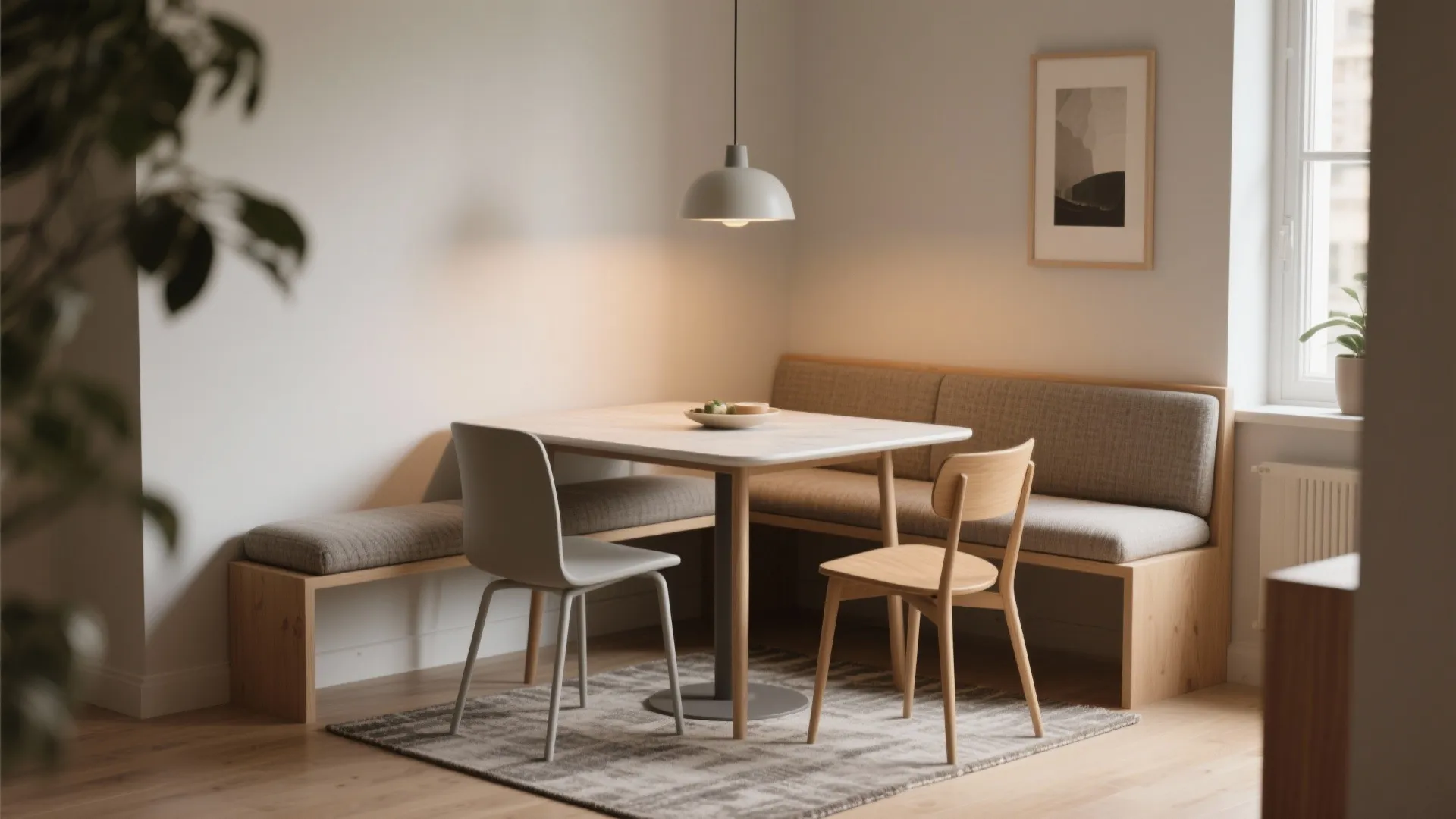 Modern dining area with wooden table corner bench two chairs grey rug and ceiling light