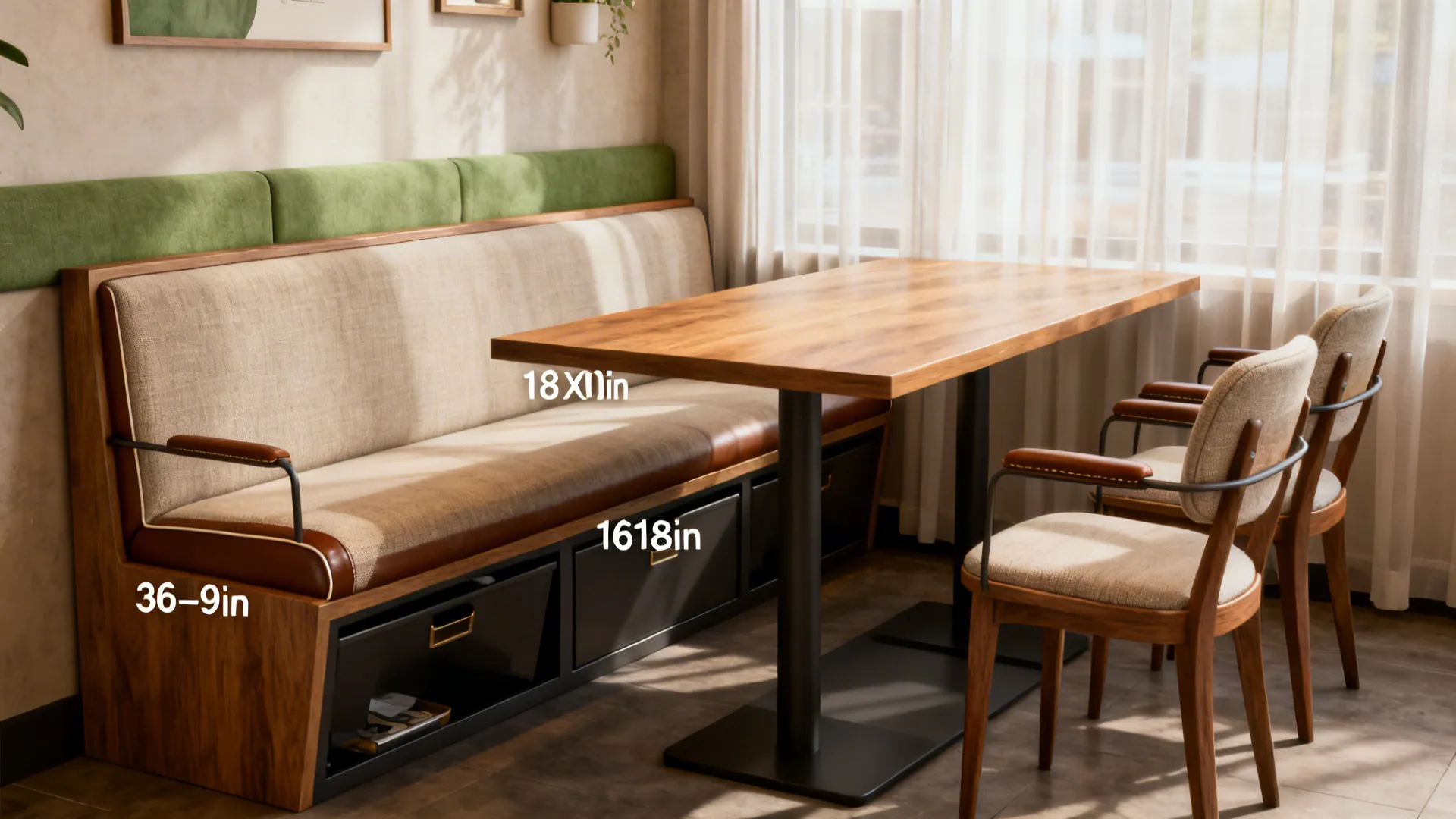 Dining corner with fixed bench seating and a 36x70 table paired with three slim chairs.
