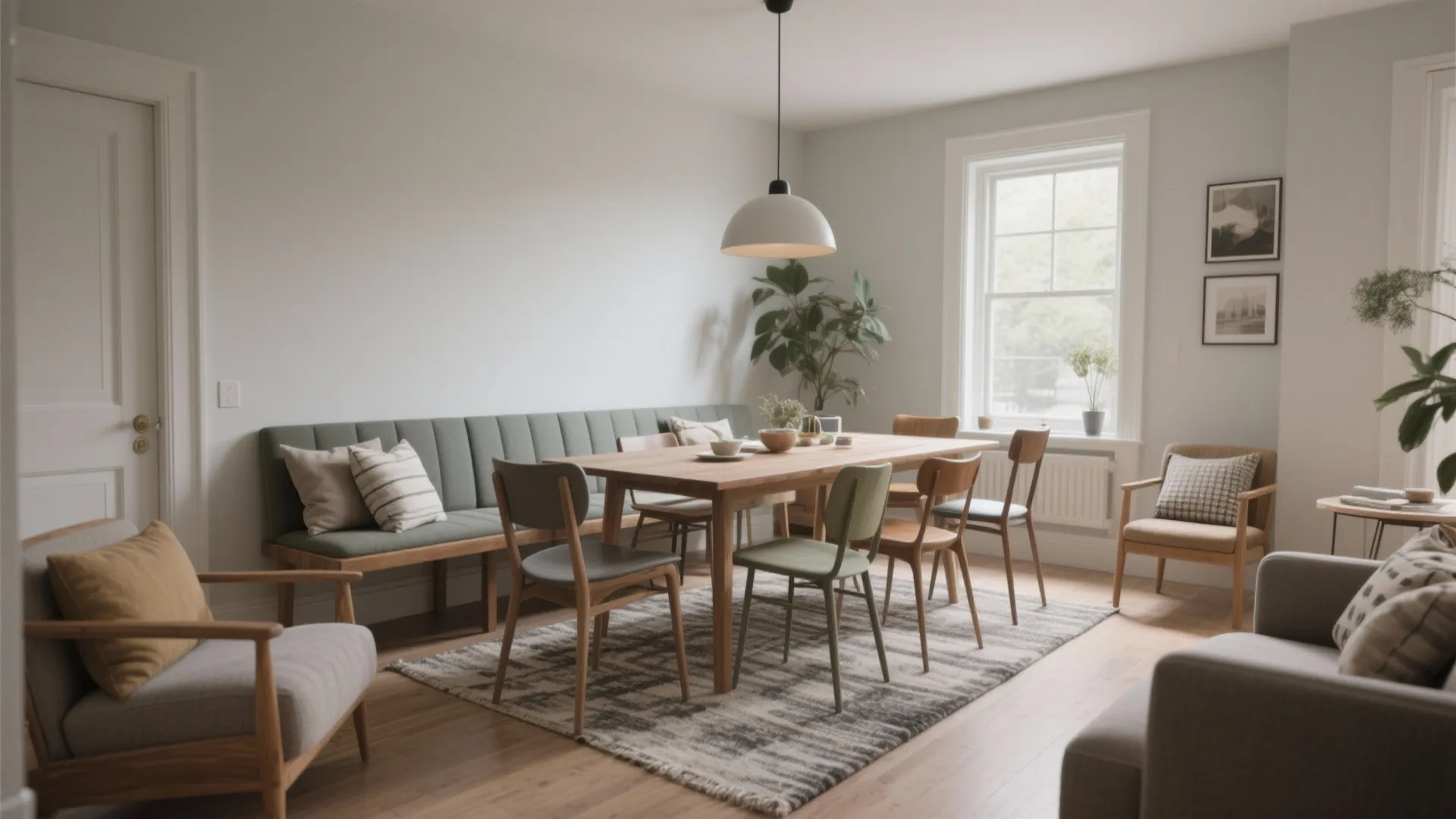 Modern dining room with wooden table green bench chairs rug plant and a ceiling light