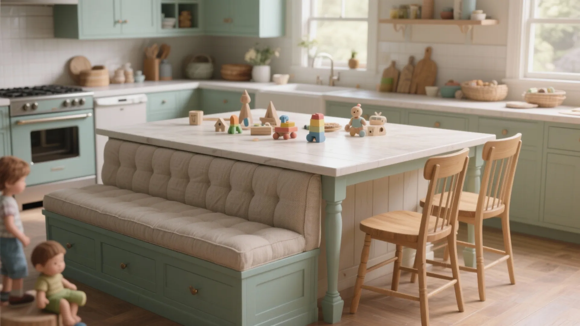 4. One side upholstered benches, other side painted chairs