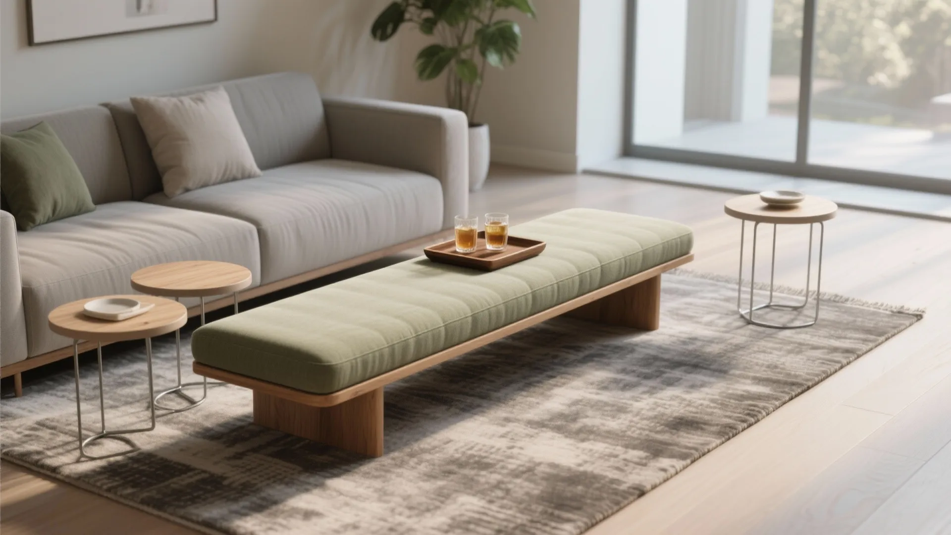 Slim Upholstered Bench as Coffee Table