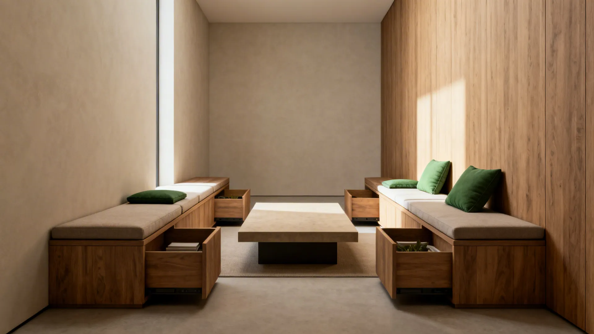 Long benches with removable cushions flanking a low coffee table in a minimalist seating area.