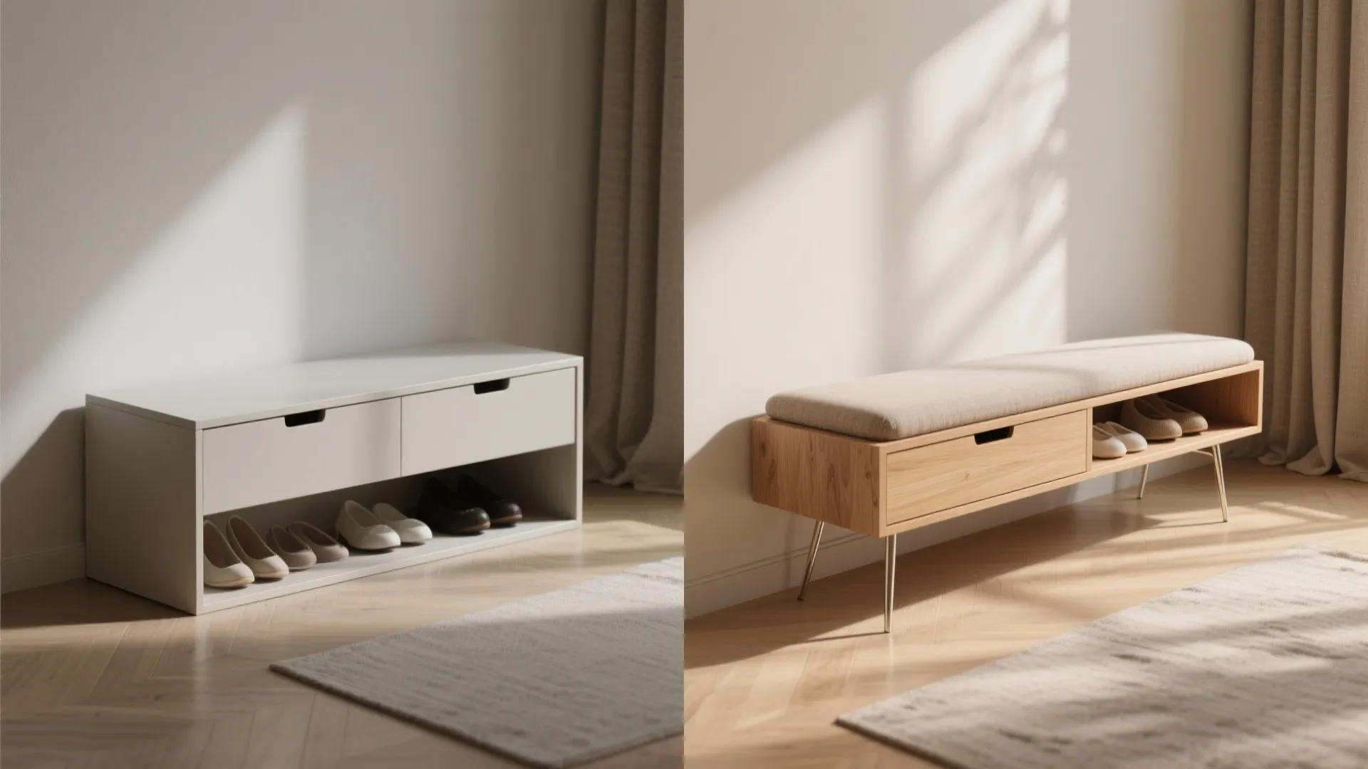 Comparison of white storage cabinet and wooden sitting bench with cushion in a bright entryway