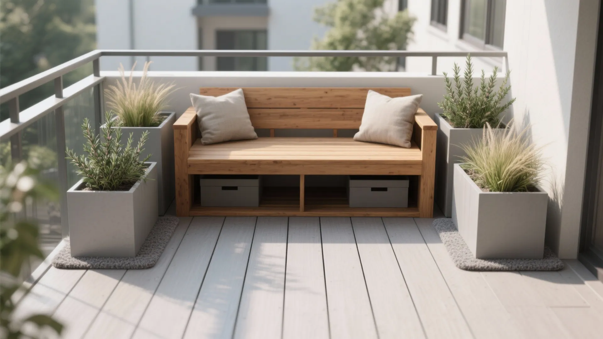 Cedar bench with cushions flanked by lightweight planters, creating a cozy balcony seating zone.