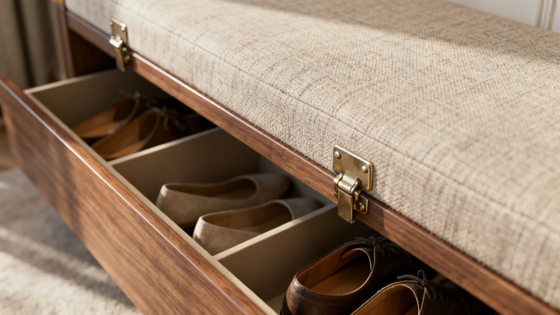 Slim upholstered bench with lift-up seat and segmented concealed shoe compartments