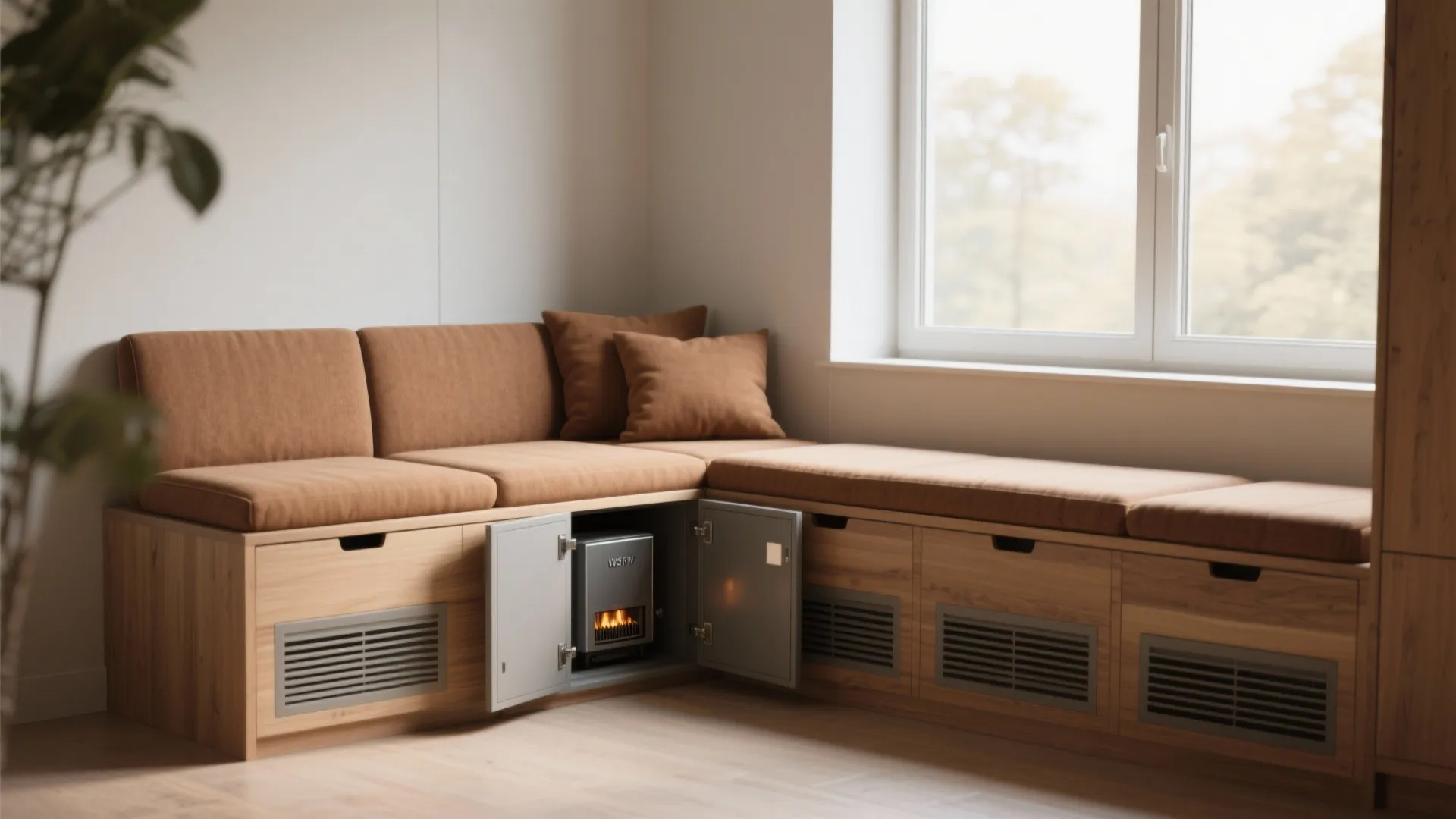 Built-in bench with concealed pellet stove unit and removable access panels in a bedroom