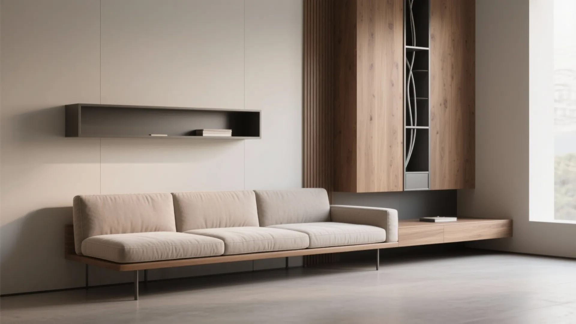 Minimalist living room featuring a long beige sofa wooden wall cabinet and a floating shelf