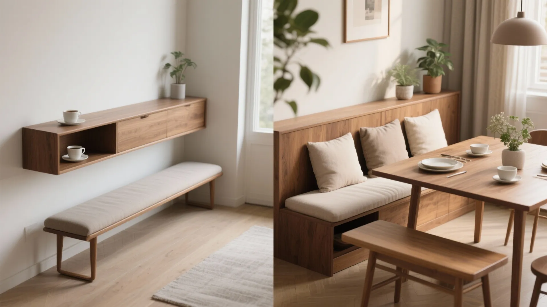 Minimalist wooden dining bench and wall cabinet set with neutral cushions and soft natural lighting