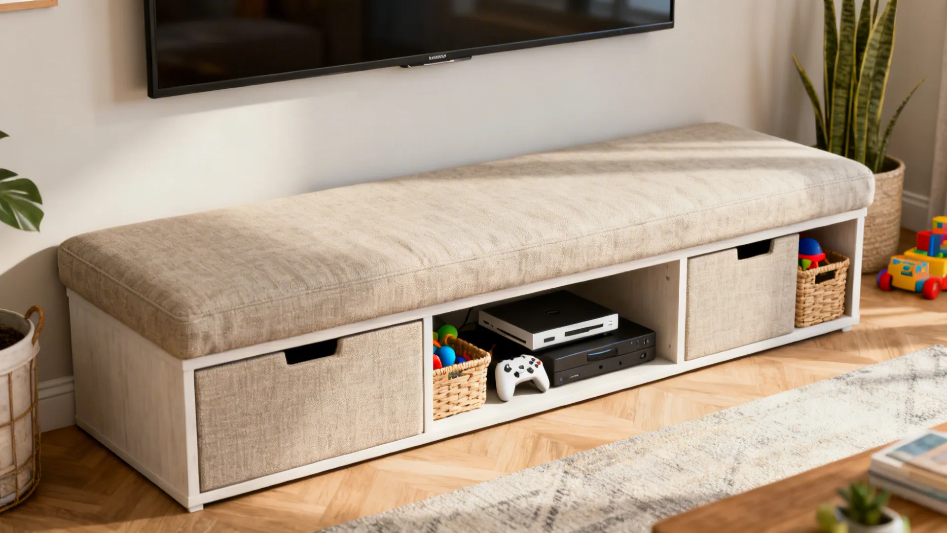 Bench-style TV console with cushioned top and storage compartments beneath.