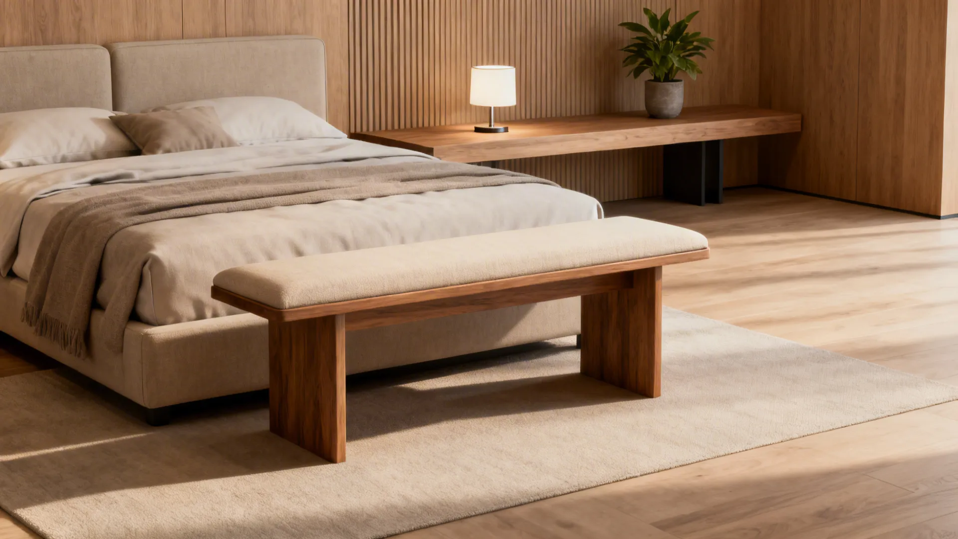 Slim bench with a narrow console behind it at the bed end holding a lamp and plant