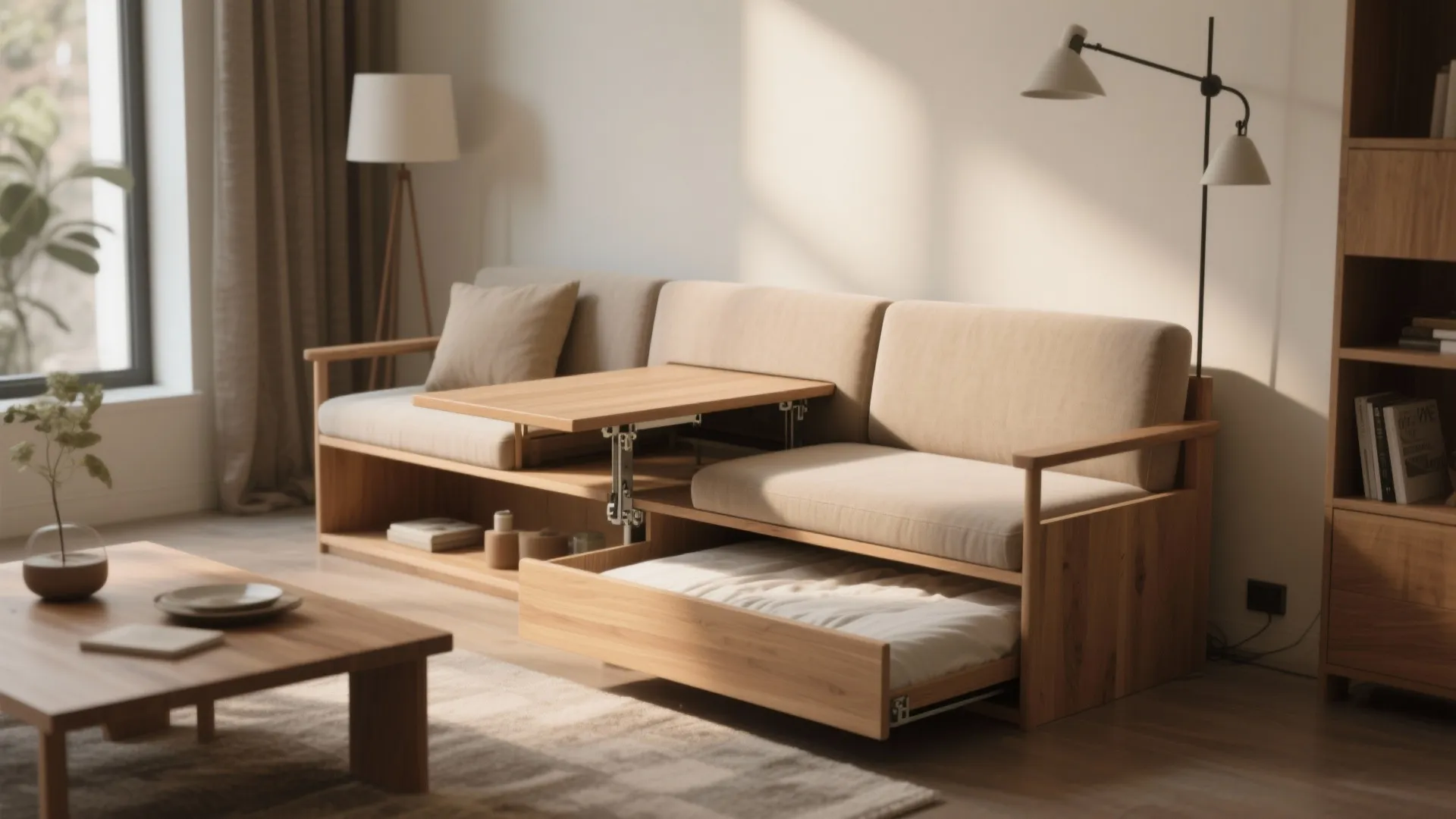 Modern wooden sofa with integrated foldable table and hidden storage drawer in a bright room