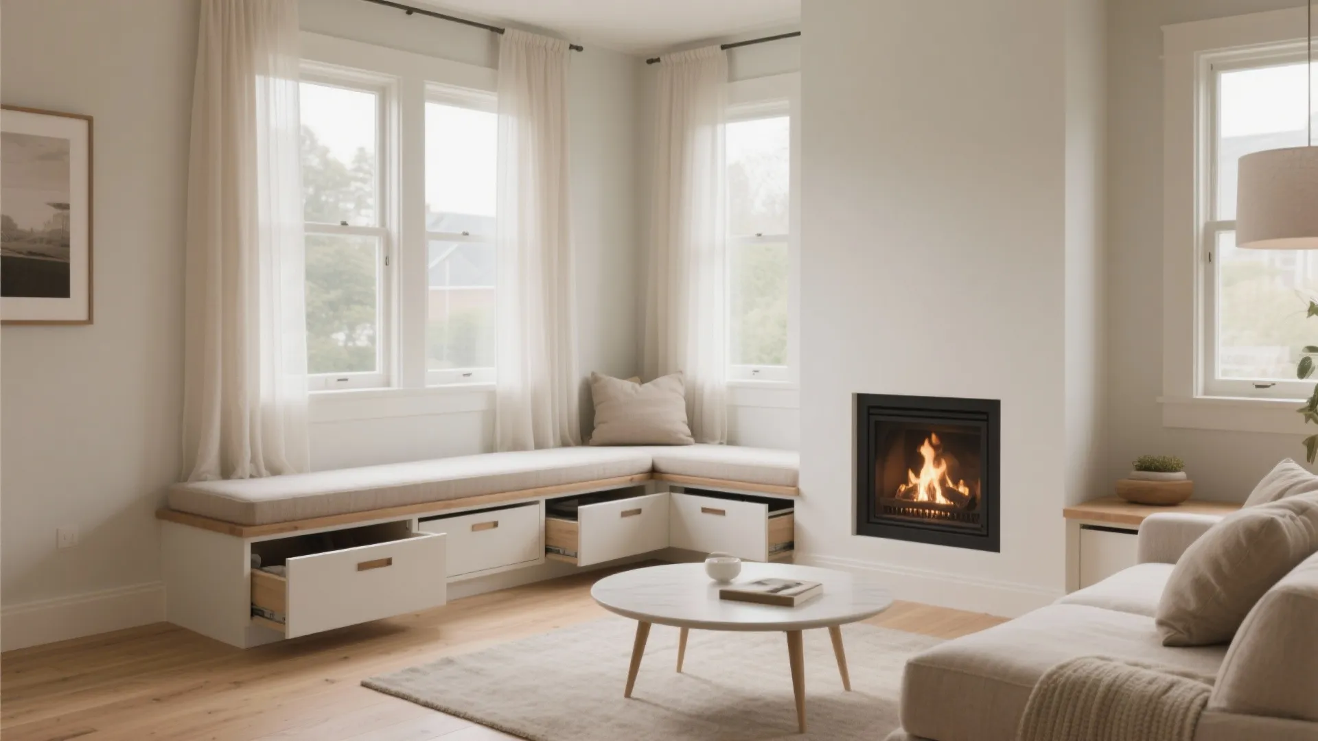 Built in corner window seat with storage drawers next to a fireplace in a bright room