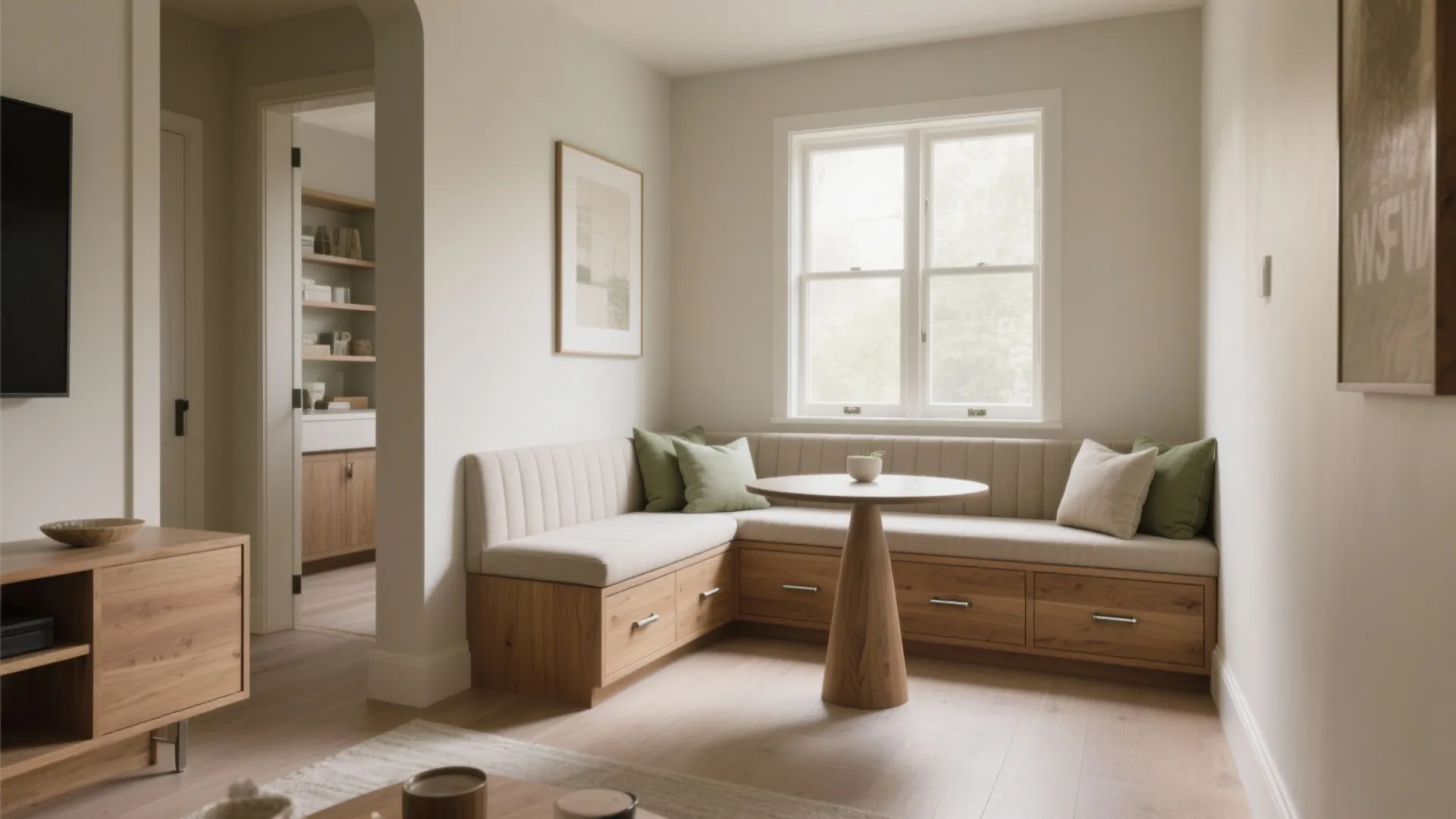 3) Built-in bench + corner table for flexible hosting