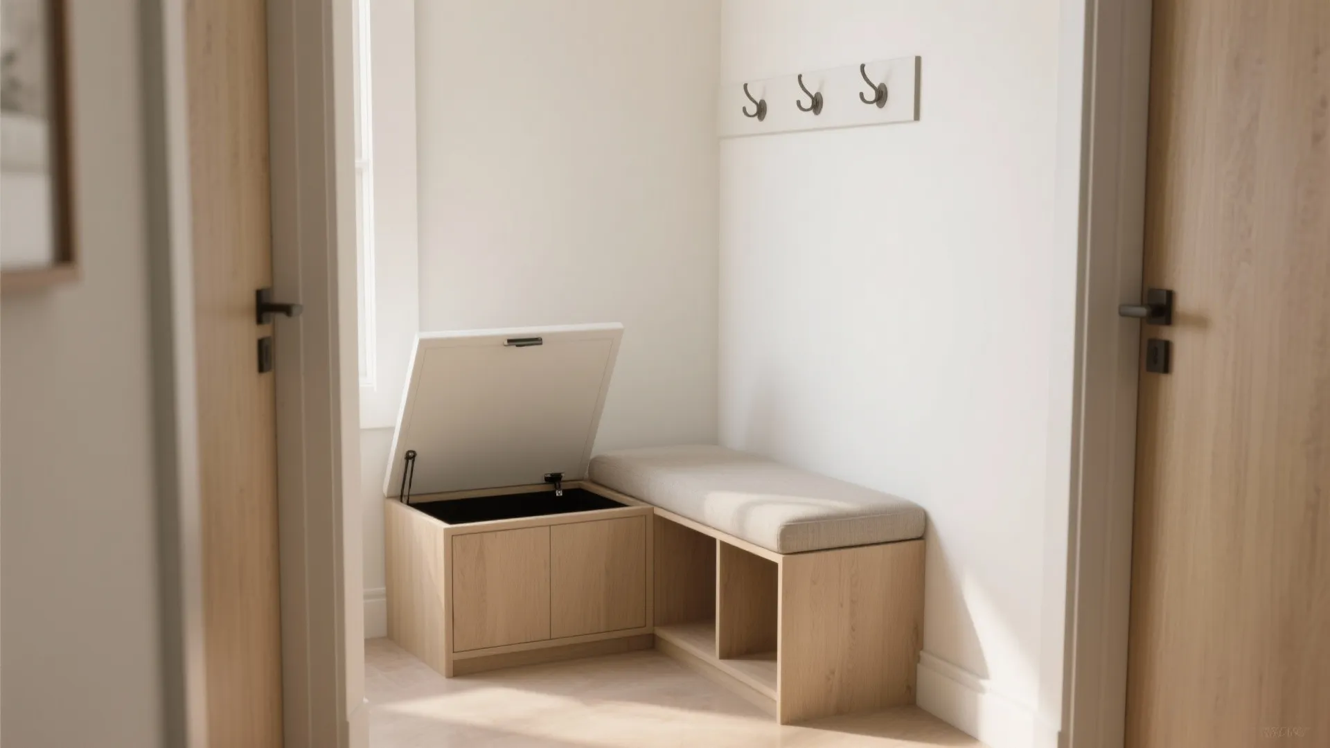 Minimalist corner bench with hidden storage in a narrow hallway, pale finishes and tailored cushion.
