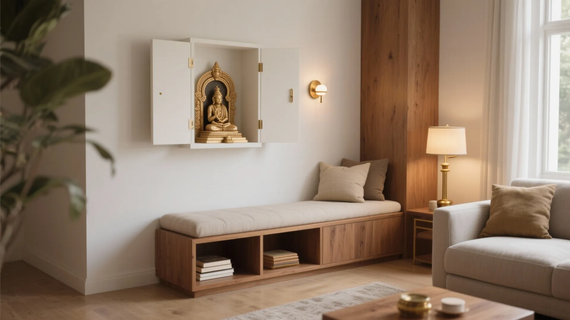 5) Bench + Mandir Combo in an L-Shaped Corner