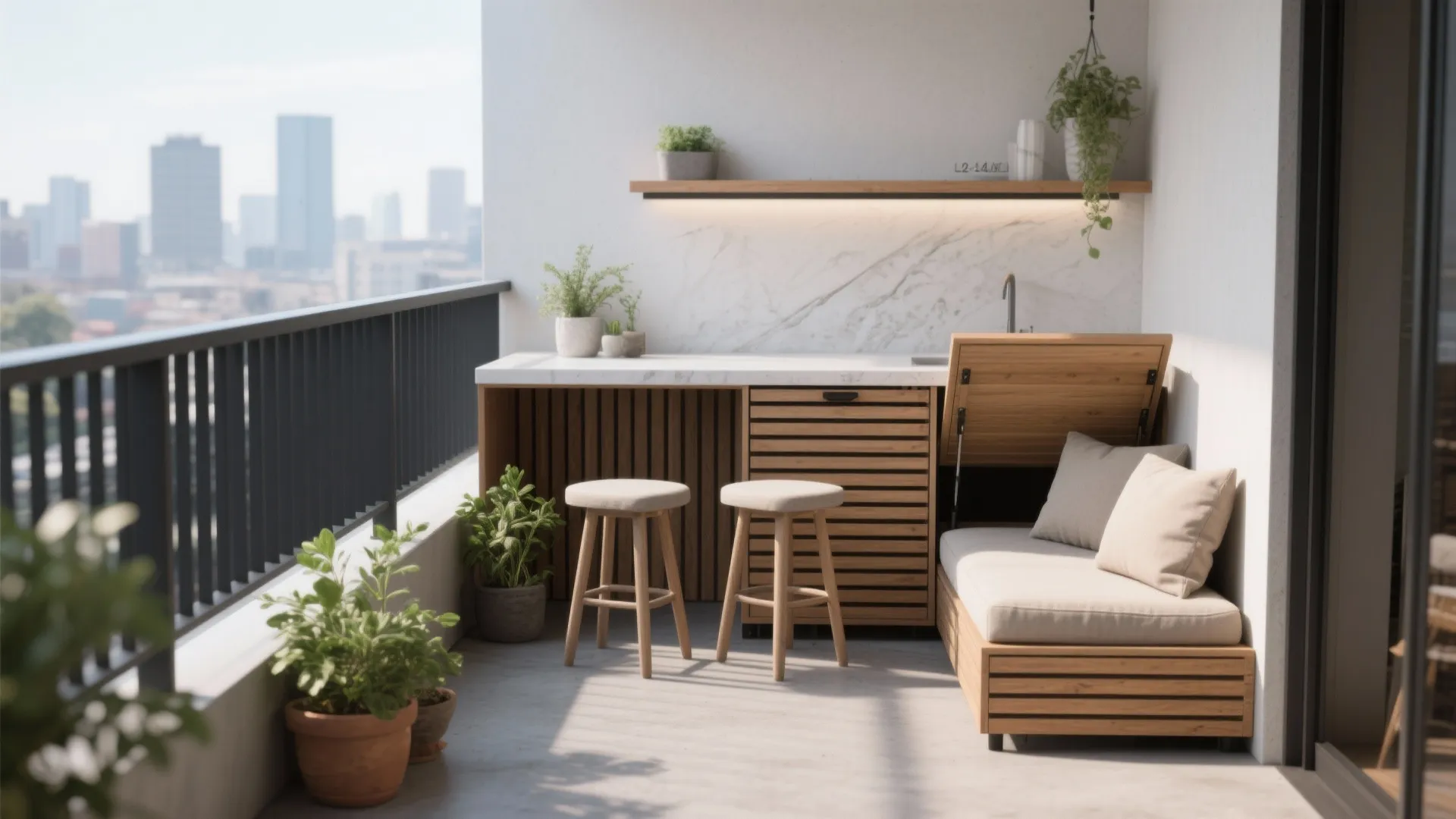 Modern balcony with marble counter two wooden stools and a wooden sofa with soft pillows