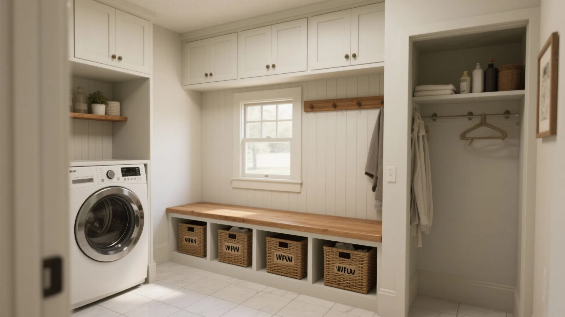 Built-in bench with shallow cubbies and pull-out baskets beside a washer in a small mud laundry room