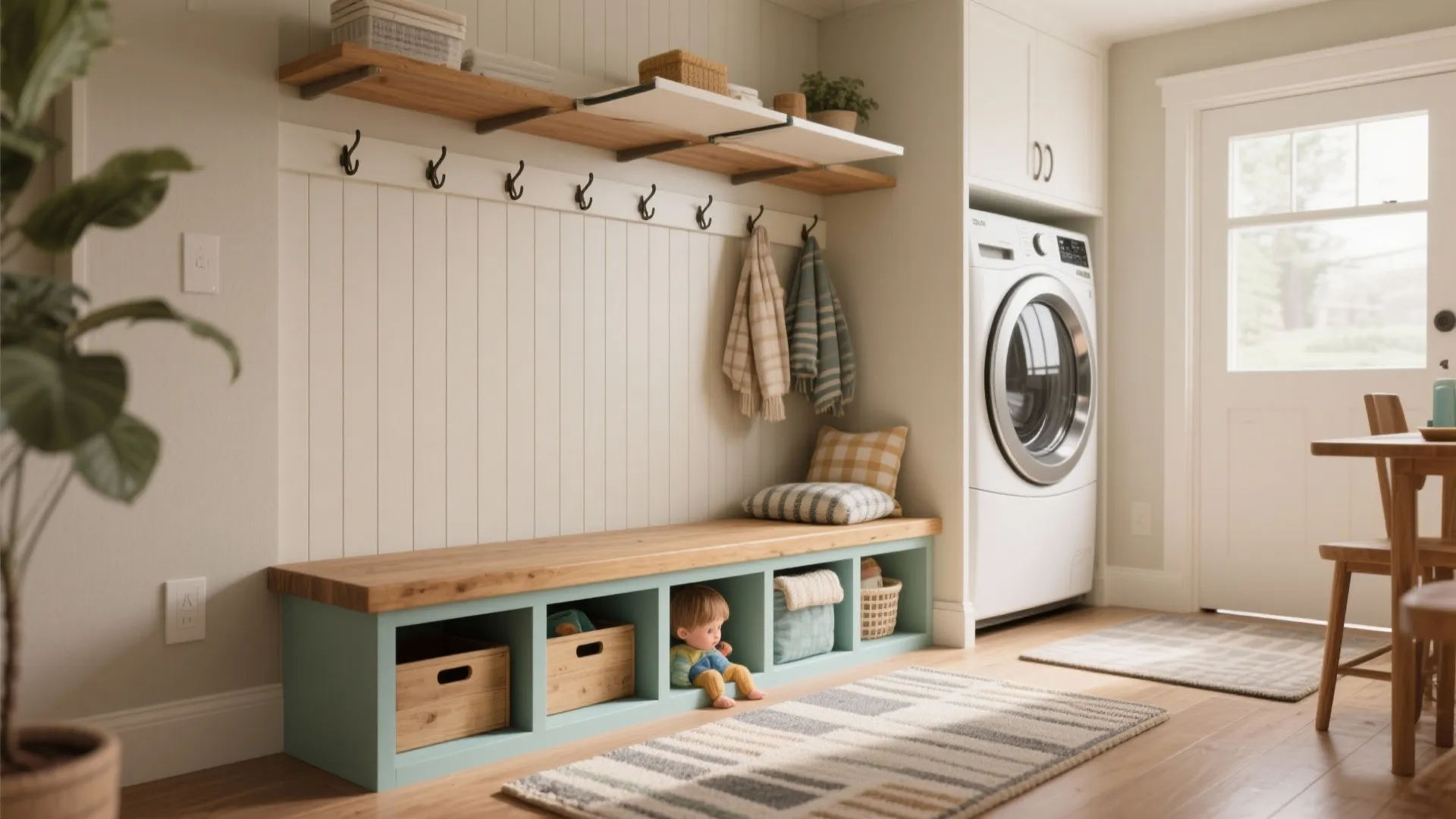 Entryway with wooden bench wall panel coat hooks washing machine and light green storage cube units