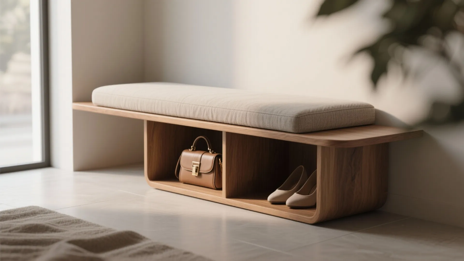 2. Slim floating cubbies with bench seating