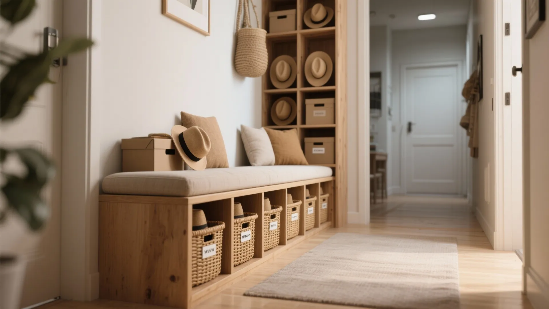 Slim entry bench with built-in cubbies and baskets sized for hats, offering seating and storage in a compact hallway.