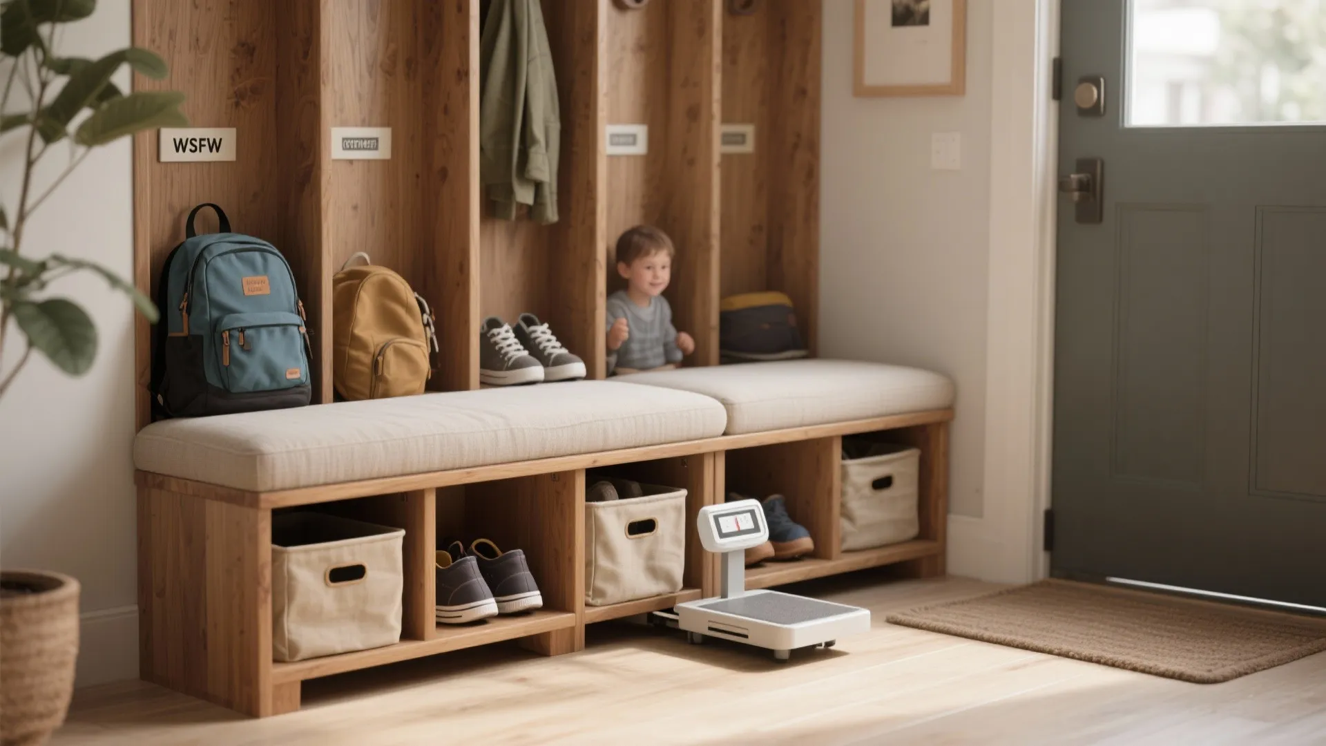 Entryway mudroom with wooden bench storage cubbies backpacks shoes and a small child sitting inside