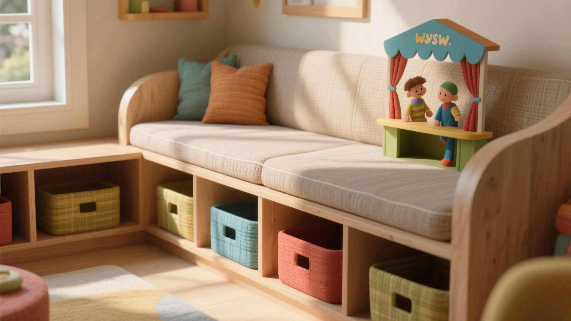 Close-up of a bench seat with built-in cubbies and colorful storage bins.