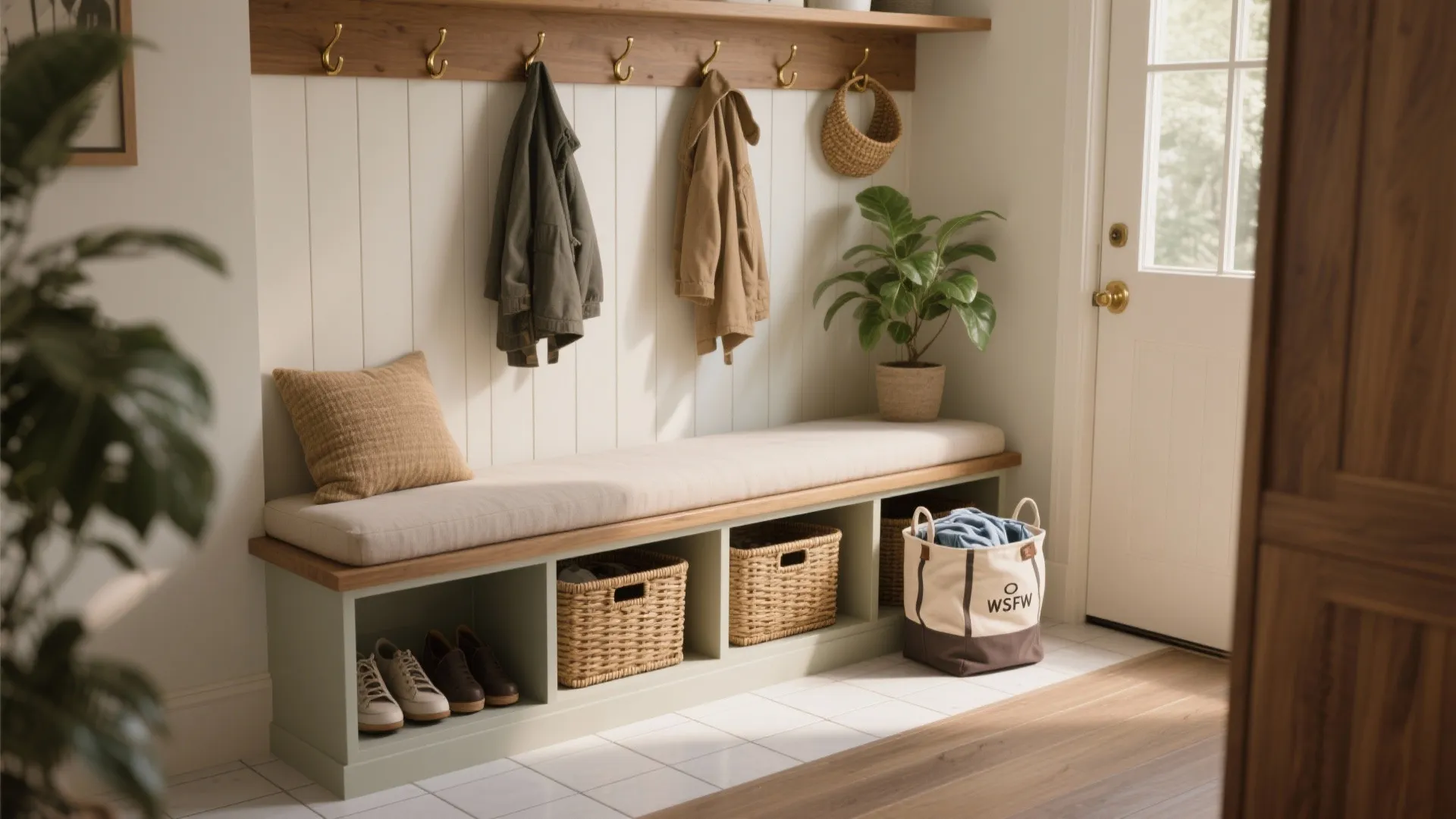 2. Bench + cubbies: Make seating double as storage