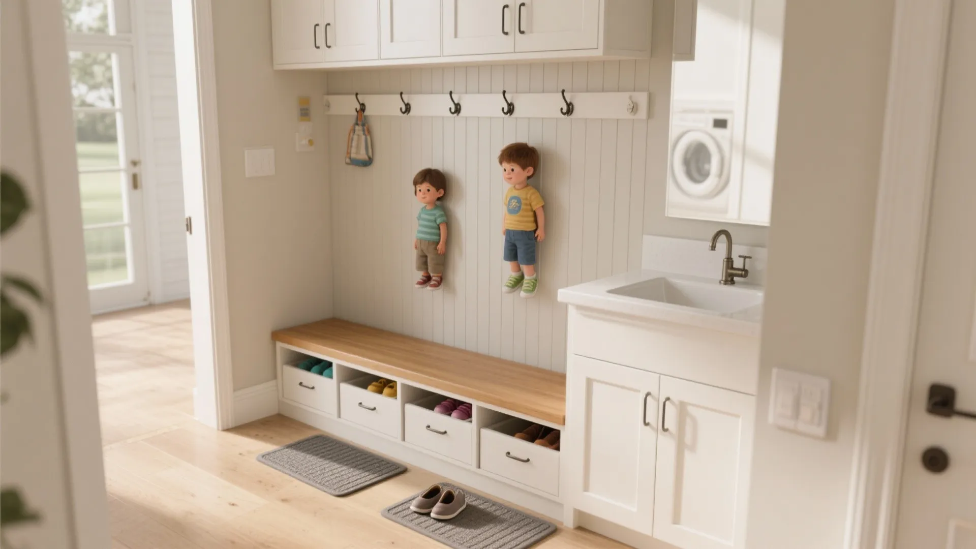 2) Bench + Hidden Cubbies: The Everyday Landing Strip