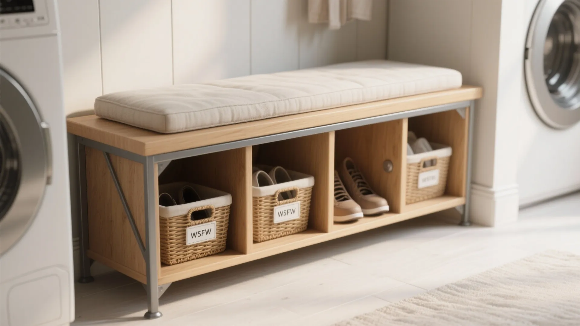 5. Bench with cubby shelves and a basket pull