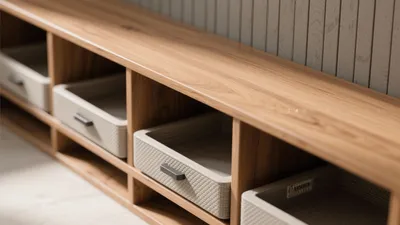 Wooden Storage Bench with Woven Baskets – Smart & Stylish Organization