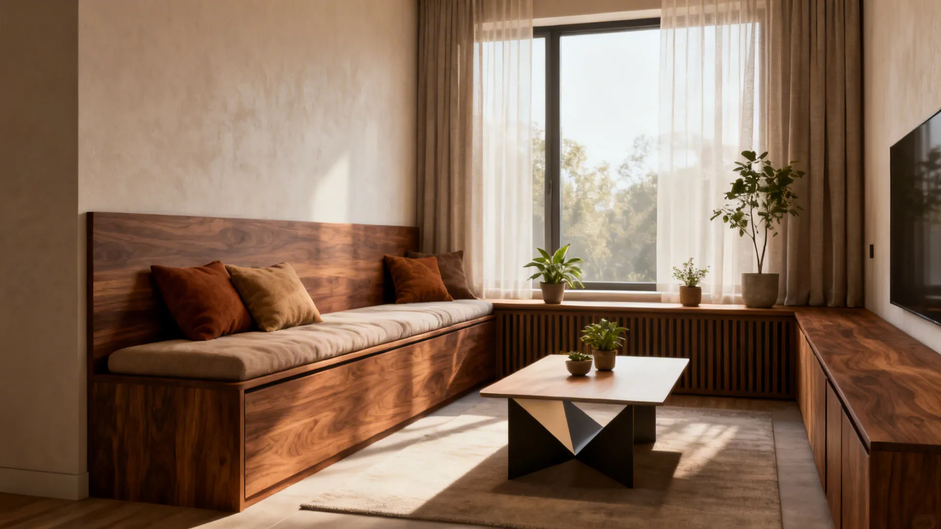 Walnut bench-style seating in a narrow living room with cushions and plants