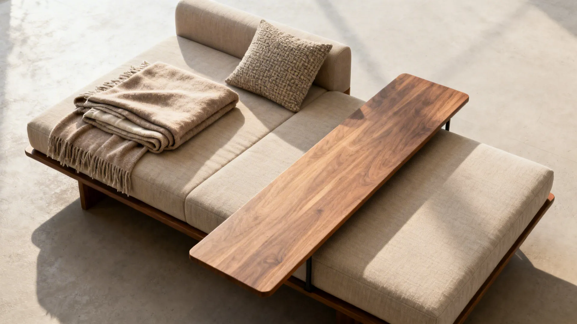 Bench-style sectional arranged as a daybed with a slim movable coffee table