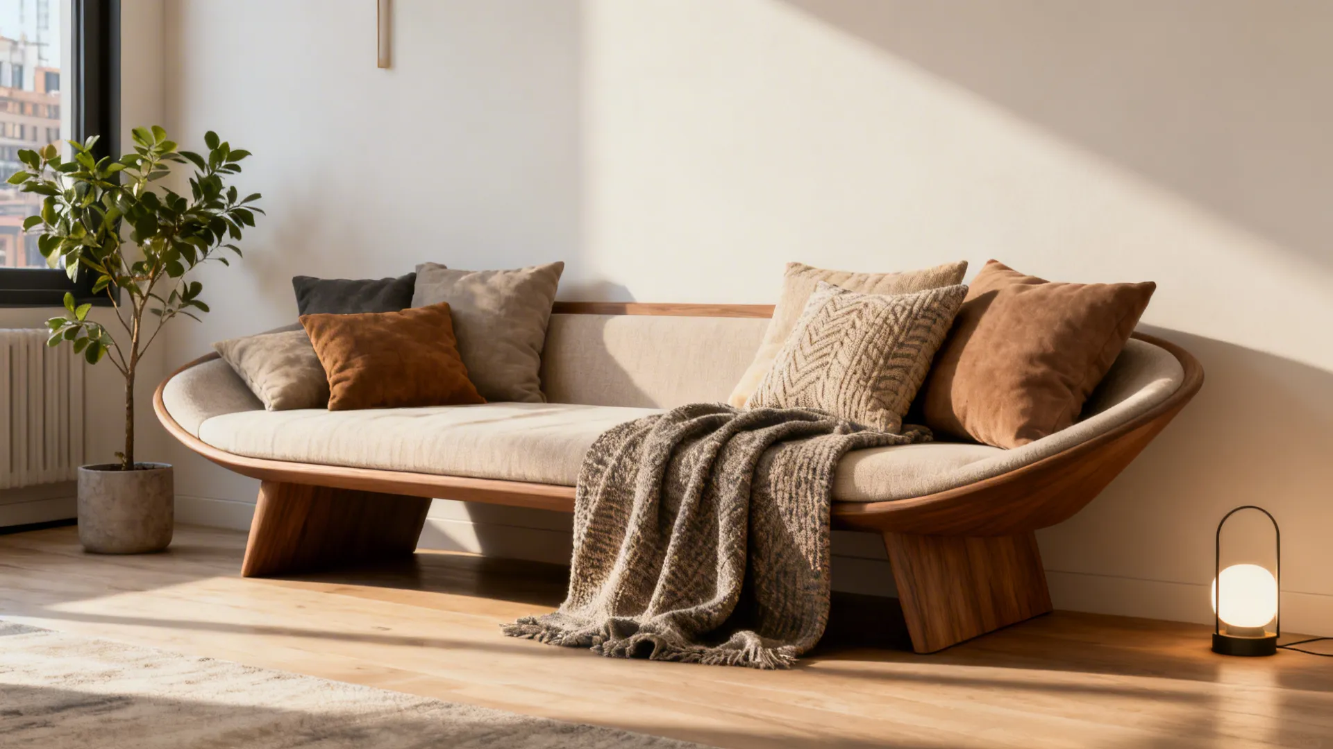 Tapered bench sofa or daybed in a small apartment with cushions and throws