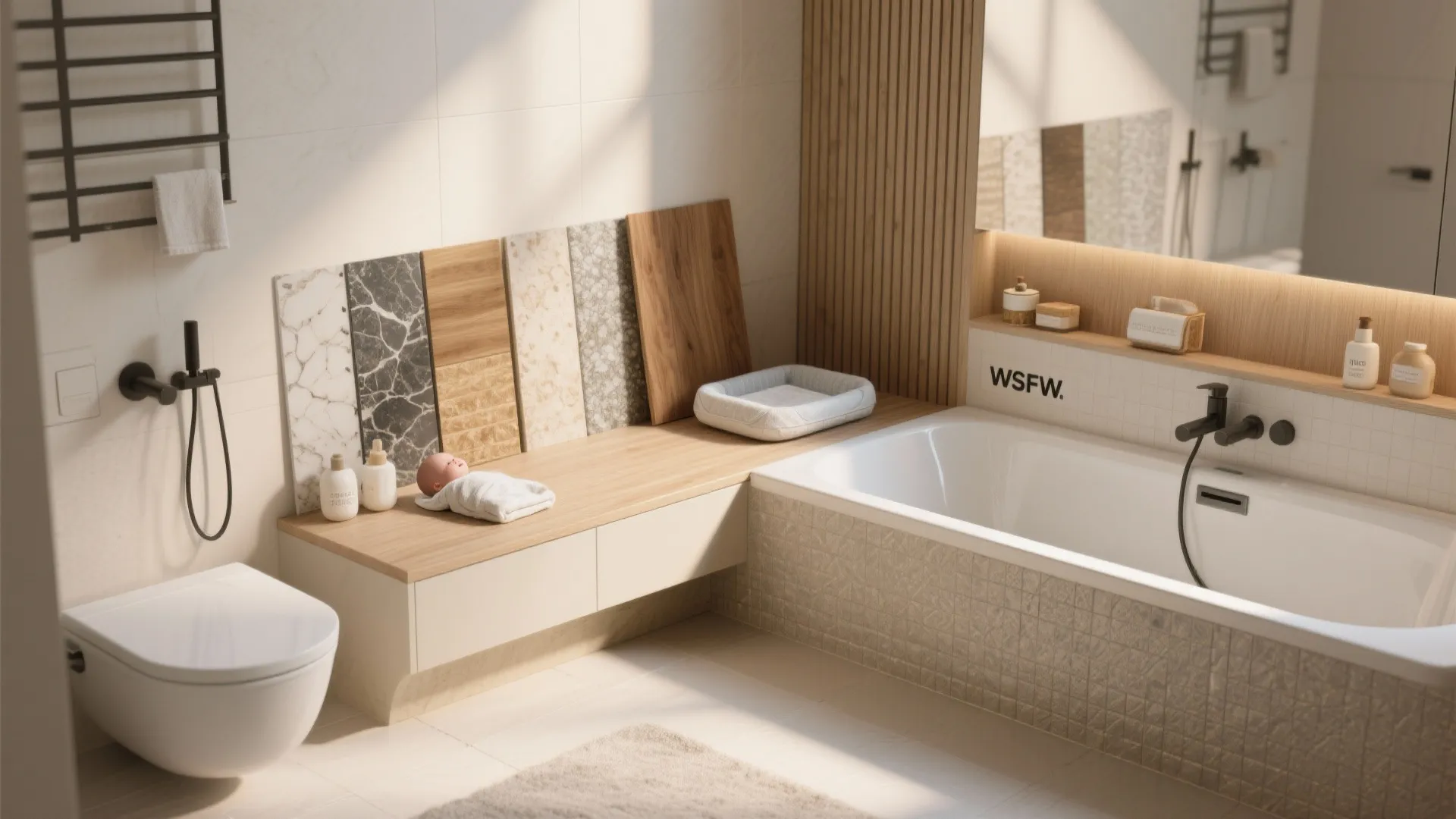 5. Opt for multifunctional fixtures — bench + deep tub