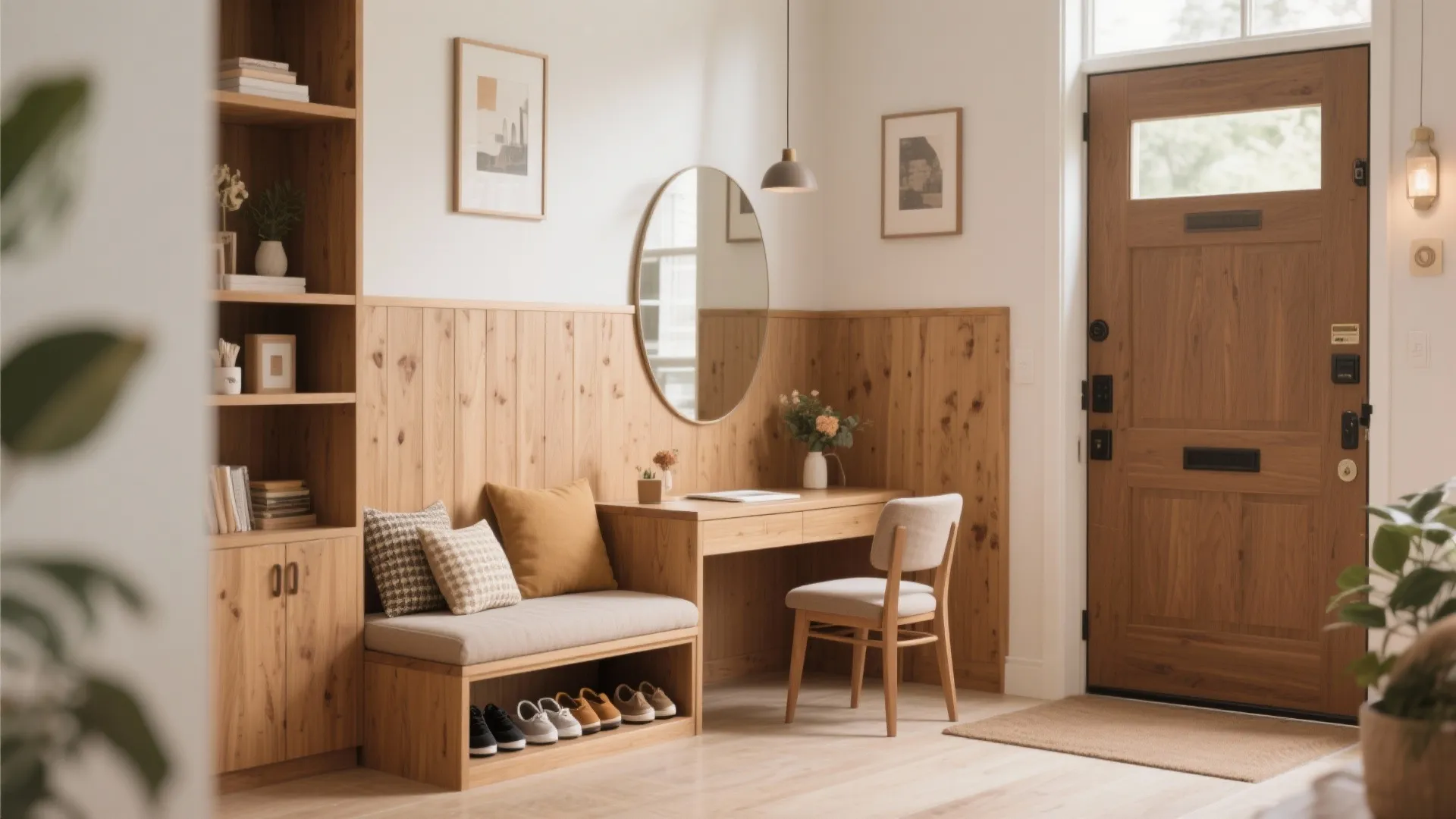 Entryway with wooden bench shoe storage desk round mirror wall panels and a wooden front door