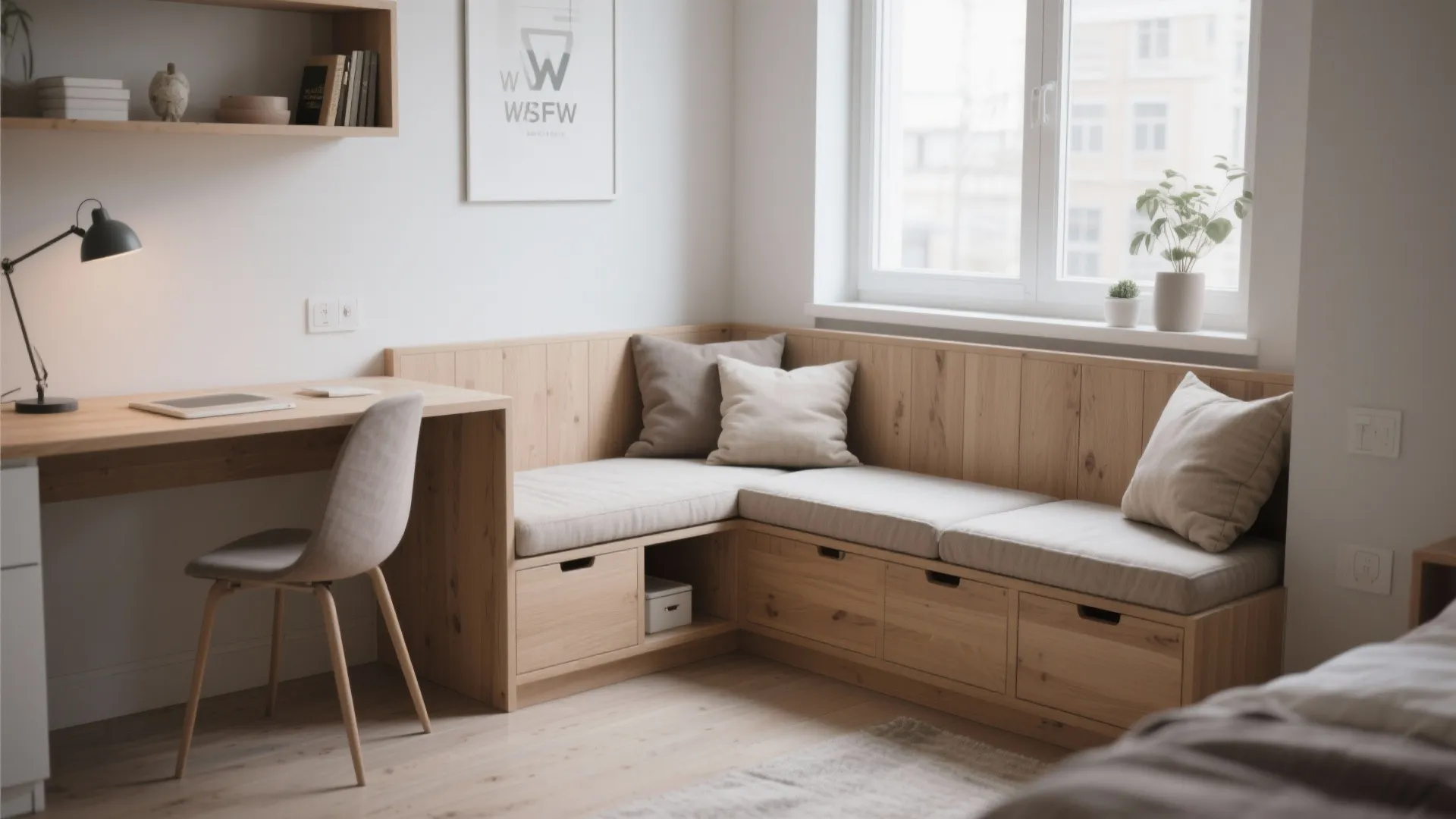 Light wood corner bench with storage drawers next to a simple desk and white chair