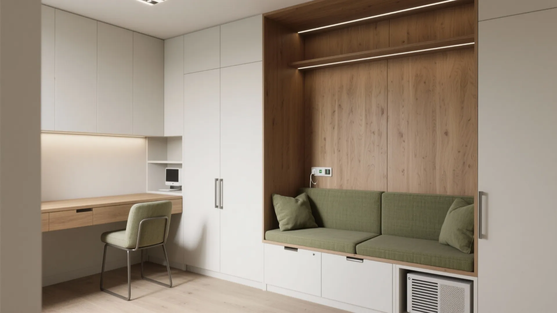 5. Built-in bench and vertical desk combo