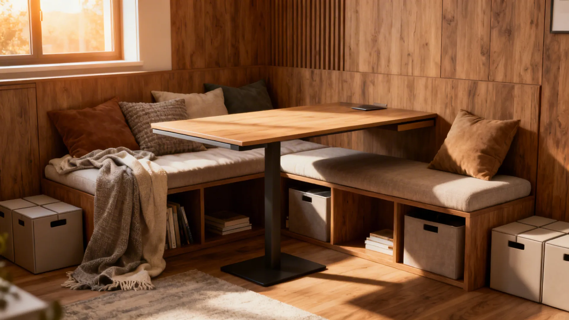 Built-in bench with storage and detachable desktop serving as a multi-use workspace in a studio